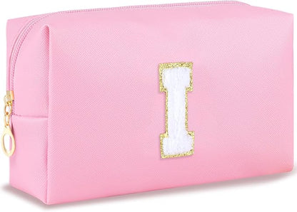 Initial Makeup Bag Personalized Preppy Travel Small Cosmetic Bag Cute PU Pink Chenille Letter Makeup Pouch for Purse Waterproof Zippered Toiletry Organizer for Women Girls Kids Friends (I)