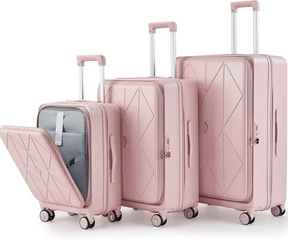 Merax 100% PC Hard Shell Luggage Set, 3 Piece Lightweight TSA Lock Spinner Suitcase with Front Pocket, Airline Approved, Pink, 20/24/28 Inch