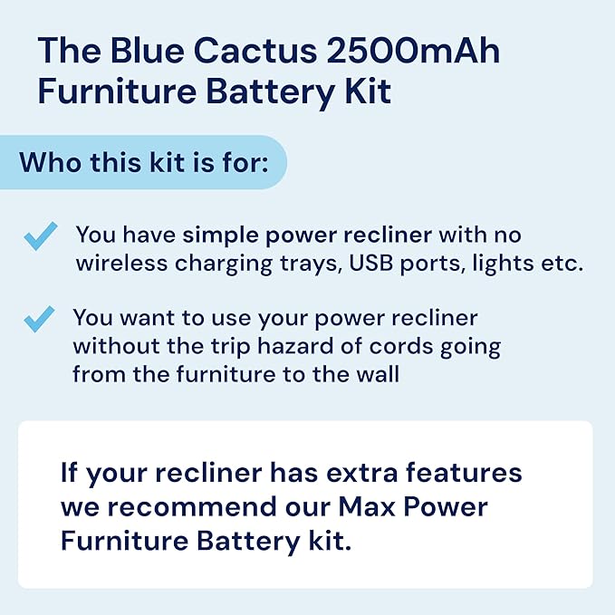 The Blue Cactus 2500mAh Furniture Battery Kit - Battery, Power Transformer, Power Cord - 2-Pin Furniture Connector - with LCD Display for Simple Recliner Chairs