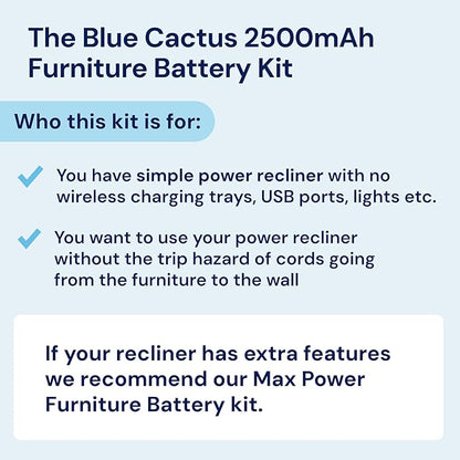 The Blue Cactus 2500mAh Furniture Battery Kit - Battery, Power Transformer, Power Cord - 2-Pin Furniture Connector - with LCD Display for Simple Recliner Chairs