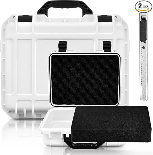 1 Pcs 11.3 x 8.7 x 4.2 Inch Waterproof Hard Case with DIY Customizable Foam Insert Portable Protective Case with Knife for Camera Drones Equipments Tools Test Instruments (White)