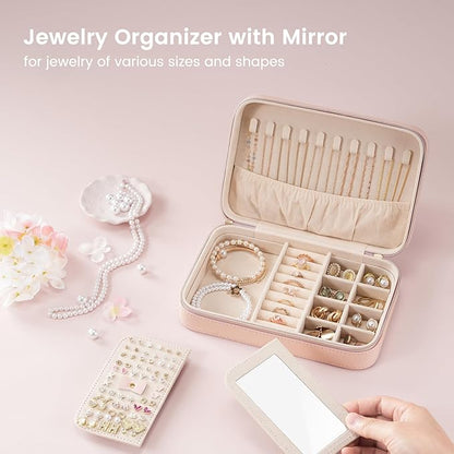 Lolalet Travel Jewelry Case for Women Girls, Travel Jewelry Organizer Box with Mirror & Clear Storage Bag, Small Portable Earring Necklace Bracelet Ring Case, Birthday Christmas Gifts -Medium, Pink