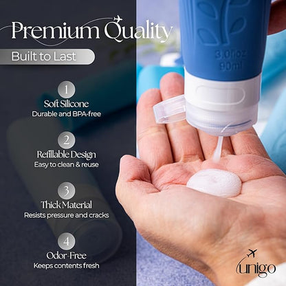 unigo Travel Bottles For Toiletries, 3.oz TSA Approved Containers, Travel Size Toiletries, Shampoo and Conditioner Bottles, Leak Proof and Refillable Bottles, BPA Free, Extra Bottle Covers (Blue)