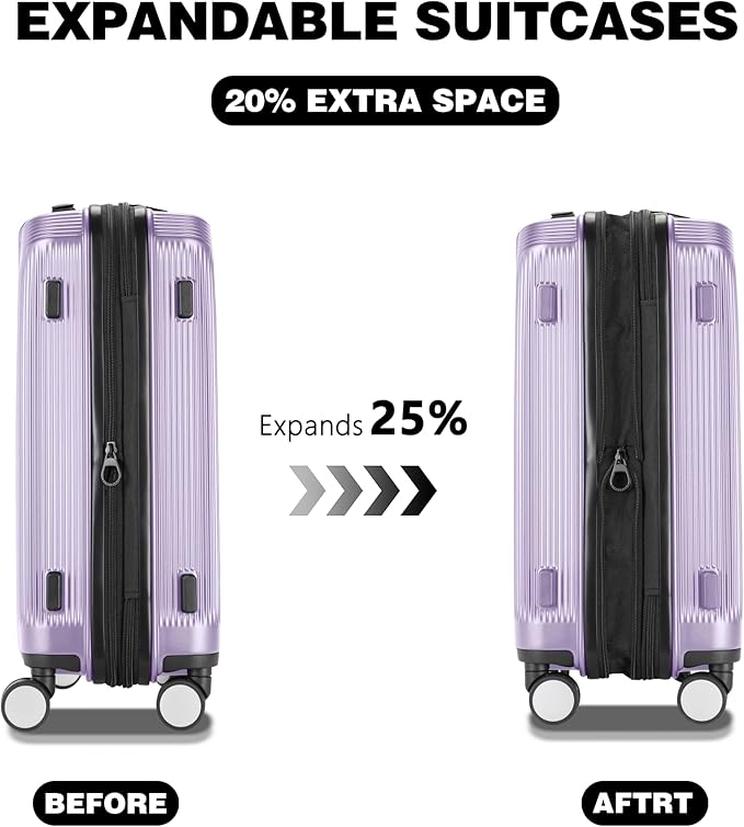 Luggage Sets 3 Piece, Lightweight Expandable PC Hardside Durable Suitcases with Spinner Wheels & TSA Lock, 20/24/28 Inch, Purple