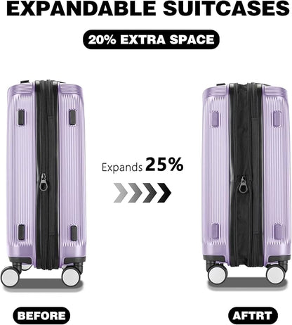 Luggage Sets 3 Piece, Lightweight Expandable PC Hardside Durable Suitcases with Spinner Wheels & TSA Lock, 20/24/28 Inch, Purple
