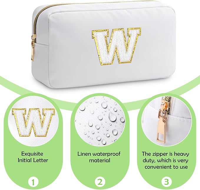 Initial W Makeup Bags Initial Letter A-Z Cosmetic Bag for Women Friends Daughter Sister Mom Inspirational Gifts Travel Toiletry Bag Christmas Birthday Gifts for Her Bridesmaid Bff Makeup Pouch W
