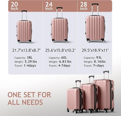 3 Piece Luggage Sets, Lightweight ABS Suitcase with 4 Spinner Wheels ＆ TSA Locks, Hardside Carry On Luggage Durable Suitcase Set for Family Travel Business - Rose Gold, 20/24/28