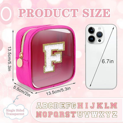 Mini Clear Personalized Initial Makeup Bag,Nylon Preppy A-Z Chenille Letter Patch Zipper Cosmetic Bag, Small Cute Beach Pouch Travel Purse Sanitary Napkin Storage Bag for Women Girls(Hot Pink-White F)