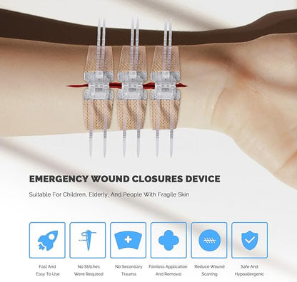 Emergency Wound Closure Strips - 5 Pcs Zip Stitch Butterfly Bandages Wound Closure Kit - Painless Steri Strips Laceration Kit for Wound Care - Zip Tie Adhesive Bandaids