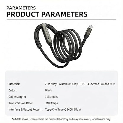 240W Braided Fast Charge Cable with Built-in Phone Stand 65W A-C Charger Cable 2-in-1 Invisible Holder Foldable Charger Cable (65w USB to Type-c)