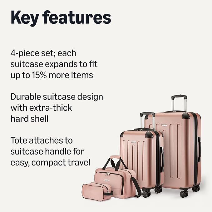 Amazon Basics 4-Piece Luggage Set, Including Two Hardside Suitcases With Multidirectional Spinner Wheels (22" CarryOn and 28" Checked), Plus 15-inch Tote Bag and 10-inch Compact Travel Bag, Rose Gold