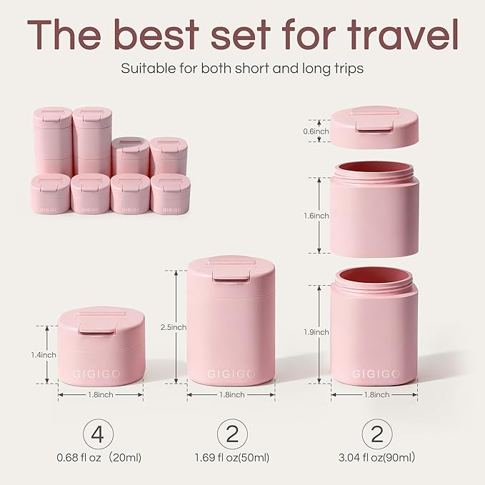 GIGIGO Magnetic Travel Containers Pink Set, 8-Pack Leakproof Refillable Cosmetic Capsules (0.68/1.69/3.04 fl oz) for Toiletries, Customizable Travel Size Jars with Lids & Labels for Skincare, Shampoo