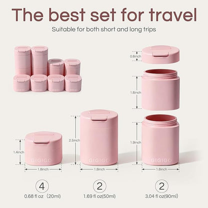 GIGIGO Magnetic Travel Containers Pink Set, 8-Pack Leakproof Refillable Cosmetic Capsules (0.68/1.69/3.04 fl oz) for Toiletries, Customizable Travel Size Jars with Lids & Labels for Skincare, Shampoo