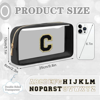 Small Clear Personalized Initial Makeup Bag,Nylon Preppy A-Z Chenille Letter Patch Cosmetic Pouch Beach Toiletry Bag,Waterproof Zipper Travel Purse Storage Bag Organizer for Women Girls(Black-Black C)