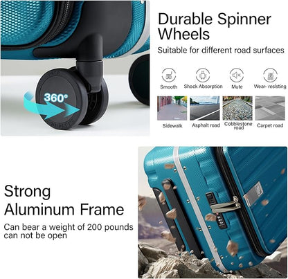 Hanke 20 Inch Carry On Luggage Hard Shell Top Opening Aluminum Frame Hardside Suitcase with Spinner Wheels, Durable Rolling Luggage for Men & Women Travel, Christmas & Birthday Gifts, Caribbean Blue