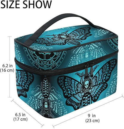Makeup Bags, Gothic Blue Skull Moth Butterfly Makeup Organizer Bags Toiletry Bag Box Travel Cosmetic Bag Make Up Train Case for Women Teen Girl Ladies