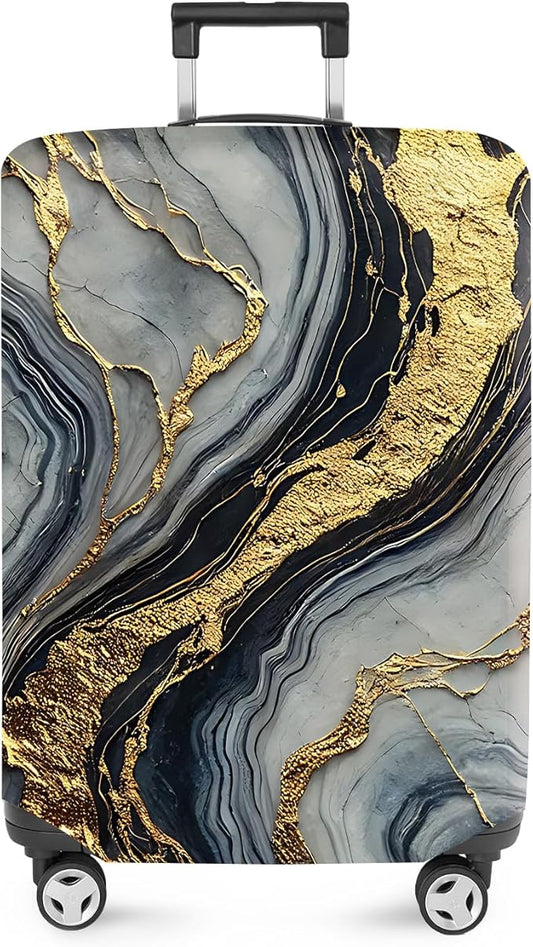 ANNA QUEEN Luxury Marble Gold Luggage Cover, Elegant Black & Grey Suitcase Protector with Faux Gold Vein Design, Stretchable, Washable Spandex Cover for 20-22 Inch Luggage