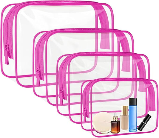 4 Pcs Clear Toiletry Bag, Portable Makeup Cosmetic Bags Pouch with Zipper, PVC Clear Travel Pouch for Women Men - Pink