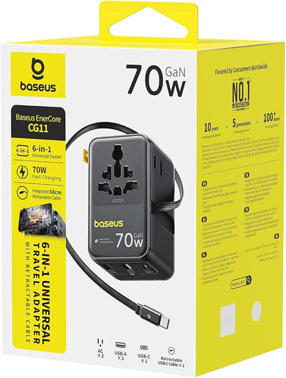 Baseus 70W Universal Travel Adapter, 6-in-1 International Plug Adapter with Retractable Cable, USB-C PD Fast Charging Worldwide Wall Charger for USA/EU/UK/AUS and Over 200 Countries - Enercore CG11