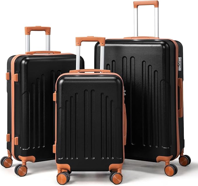 Karl home Luggage Sets 3 Piece, ABS Hardside Suitcase Set with Double Spinner Wheels & TSA Lock for Travel Business, 3-Piece Set (20/24/28), Black & Brown