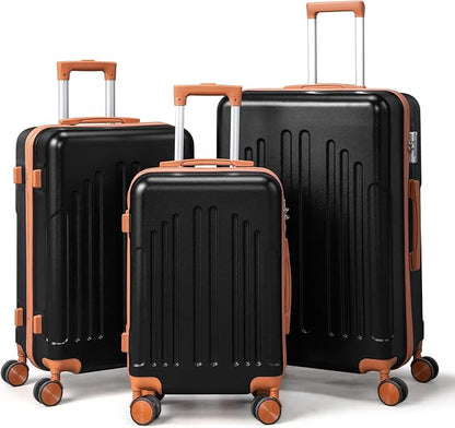 Karl home Luggage Sets 3 Piece, ABS Hardside Suitcase Set with Double Spinner Wheels & TSA Lock for Travel Business, 3-Piece Set (20/24/28), Black & Brown