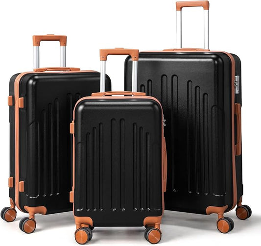 Karl home Luggage Sets 3 Piece, ABS Hardside Suitcase Set with Double Spinner Wheels & TSA Lock for Travel Business, 3-Piece Set (20/24/28), Black & Brown