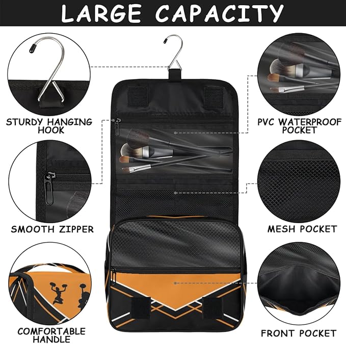 Custom Travel Toiletry Bag with Hanging Hook, Spacious Waterproof Cheerleading Toiletry Bag for Women for Travel Accessories, Toiletries Essentials. Orange Black Cheer