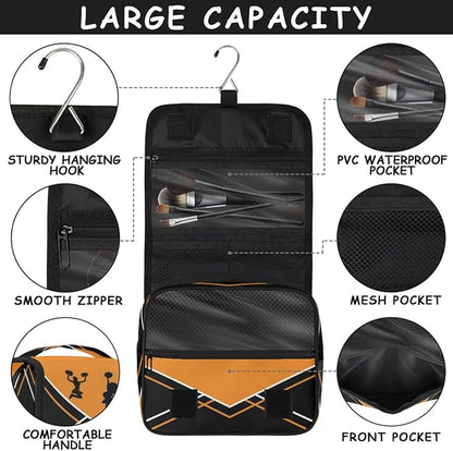 Custom Travel Toiletry Bag with Hanging Hook, Spacious Waterproof Cheerleading Toiletry Bag for Women for Travel Accessories, Toiletries Essentials. Orange Black Cheer