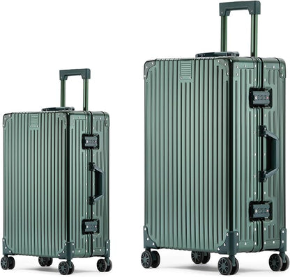 Metal All Aluminum Carry-on Luggage TSA Customs Lock Zipperless Silent Rotary Wheel Business Suitcase Aluminum Frame Set (dark green, 2Piece(20/26))
