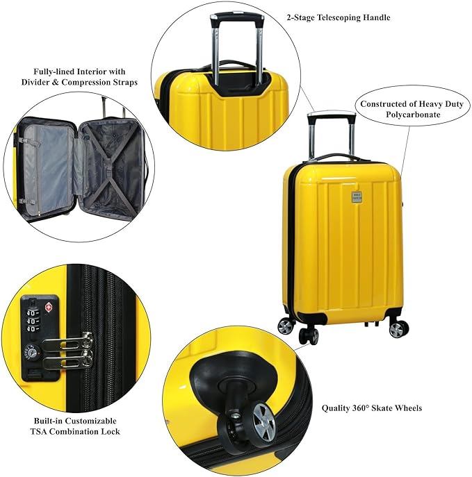 World Traveler Contour 24-Inch Polycarbonate Hardside Expandable Spinner Checked Luggage with TSA Lock - Yellow