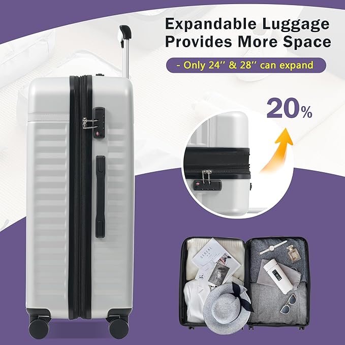 Merax 3 Piece Luggage Sets, Hardside Lightweight Carry on Suitcase,Durable Expandable Luggage with Travel Bags Spinner Wheels and TSA Lock,White Grey