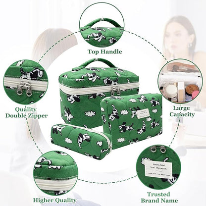 3pc Makeup Bag Set, Quilted Makeup Bag Set, Large Floral Cosmetic Bag for Women, Cute Cotton Makeup Bags, Flower Travel Toiletry Organizer Bag(Green Dog Print)