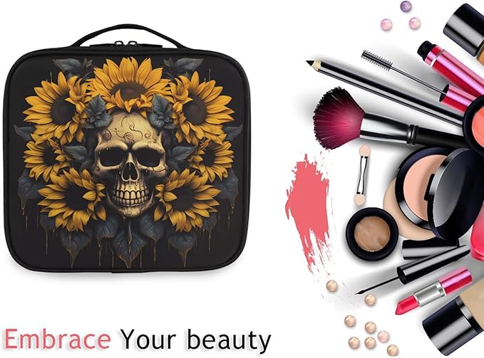 MNSRUU Travel Makeup Bag, Skull and Sunflower Women Makeup Case Organizer Cosmetic Toiletry Bag for Teenage Girl with Adjustable Dividers