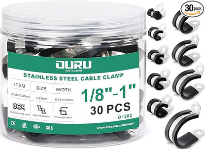 30PCS Stainless Steel Cable Clamps 9 Sizes—1/8" 3/16" 1/4" 5/16" 3/8" 1/2" 5/8" 3/4" 1" Rubber Coated Cushioned Insulated Cable Clamp,Automotive Cable Wire Clamps,Pipe Clamps(Black)