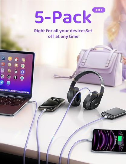 LISEN USB C Cable, 5-Pack [3.3/3.3/6.6/6.6/10FT] USBC to USBC Cable for iPhone 16e 15 Pro Max Charger Cord, 60W (3.1A) C to C Cable Fast Charging for Samsung S25/S24/23, Switch 2, iPad, MacBook,Purple