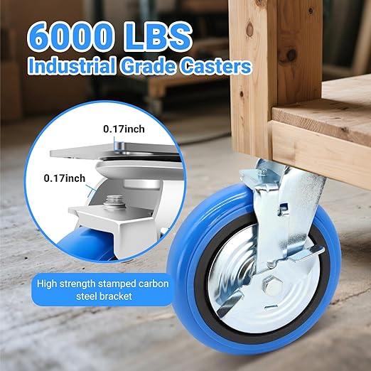 W B D WEIBIDA 8 Inch Heavy Duty Casters Set of 4, Smooth Rolling Caster Design for Cart Wheels, 6000 LBS Industrial Grade Castors with Upgraded Thickened Bracket, Durable Castors (4 Brake)