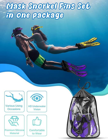 Zenoplige Mask Fins Snorkel Set, Snorkeling Gear for Adults, Panoramic View Snorkel Mask Anti-Fog, Adjustable Dive Flippers, Dry Top Snorkel and Travel Bag, Scuba Gear for Swimming Snorkeling Diving