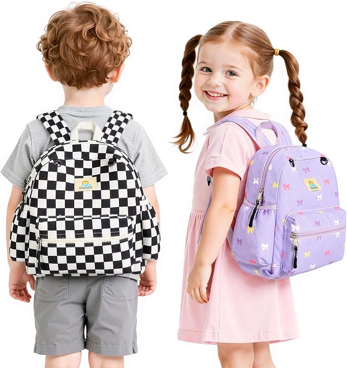STEAMEDBUN Corduroy Toddler Backpack for Boys 2-4: Kids backpack for Boys Girls - 12 inch Preschool Kindergarten Backpacks - Checkered