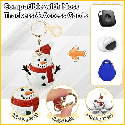 Leather Keychain for Airtag, Cute Protective Keychain Holder Compatible with Apple Air Tag,GPS Item Tracker Case Cover for Keys,Bags,Pets,Luggage(Snowman)