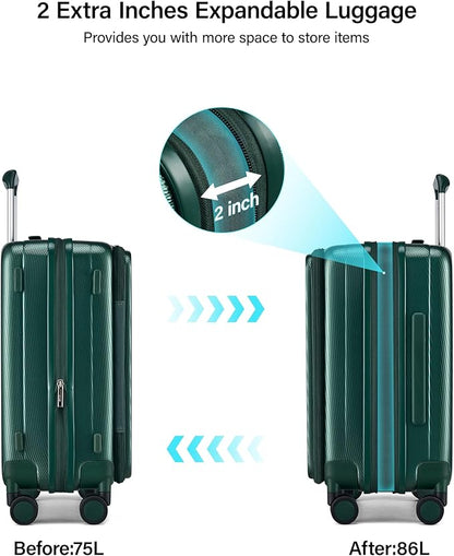 Hanke 24 Inch Expandable Luggage Top Opening Checked Bag Luggage Hard Shell Suitcases with Wheels Lightweight Travel Luggage Medium Suitcase with Lock for Woman Men-Blackish Green