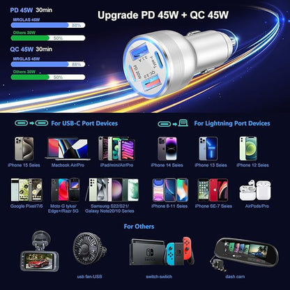 USB C Car Charger, Bangfun 3 Pack 65W 4 Ports 12V USB C Cigarette Lighter Adapter QC 3.0&PD 30W Super Fast Type C Car Phone Charger for iPhone 15/14/13/11/iPad Pro,Samsung,Android(Silver)