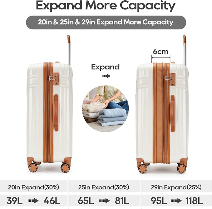 PRIMICIA GinzaTravel Luggage Sets 3-Piece Expandable Suitcases with Wheels PC+ABS Durable Hardside Luggage sets TSA lock（White + Brown）