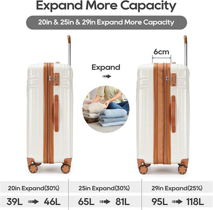 PRIMICIA GinzaTravel Luggage Sets 3-Piece Expandable Suitcases with Wheels PC+ABS Durable Hardside Luggage sets TSA lock（White + Brown）