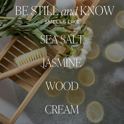 Sweet Water Decor, Be Still and Know, Sea Salt, Jasmine, Cream, and Wood Scented Soy Wax Candle for Home - Christian Candle Gifts for Women - 9oz Clear Jar, 40 Hour Burn Time, Made in The USA