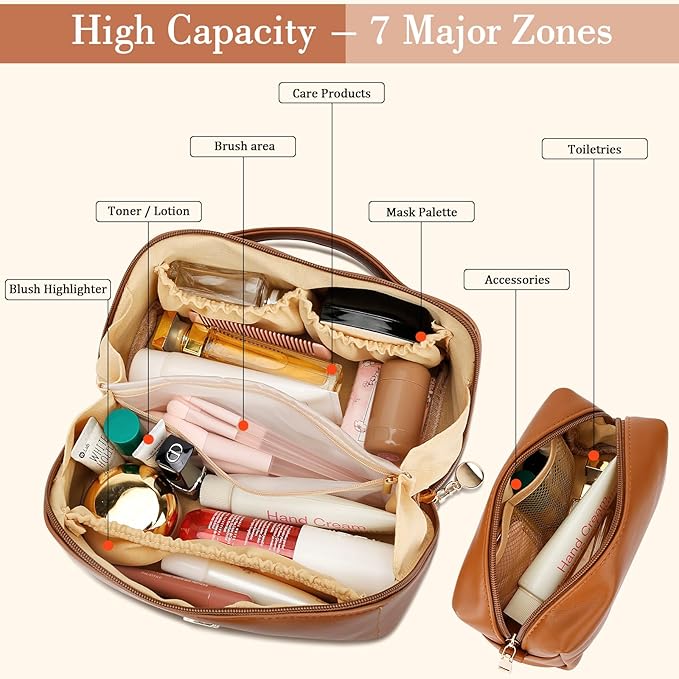 Birthday Gifts for Women Teen Girl, Personalized Initial Makeup Organizer Bag Set, Open Flat Travel Cosmetic Bag With Clear Divider and Handle(Brown,P)