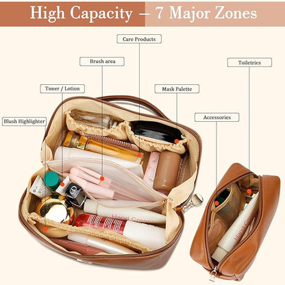 Birthday Gifts for Women Teen Girl, Personalized Initial Makeup Organizer Bag Set, Open Flat Travel Cosmetic Bag With Clear Divider and Handle(Brown,G)