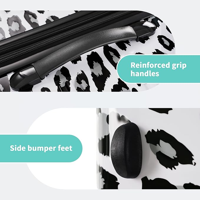 Merax Leopard Print Luggage Sets, 3 Piece Expandable Suitcase Set with Spinner Wheels,Large Checked Travel Suitcases and Carry On Travel Luggage, 100% PC, TSA Lock,White+Black(20in/24in/28in)