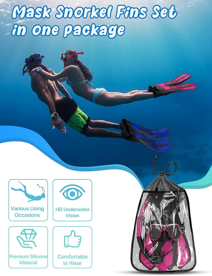 Zenoplige Mask Fins Snorkel Set, Snorkeling Gear for Adults, Panoramic View Snorkel Mask Anti-Fog, Adjustable Dive Flippers, Dry Top Snorkel and Travel Bag, Scuba Gear for Swimming Snorkeling Diving