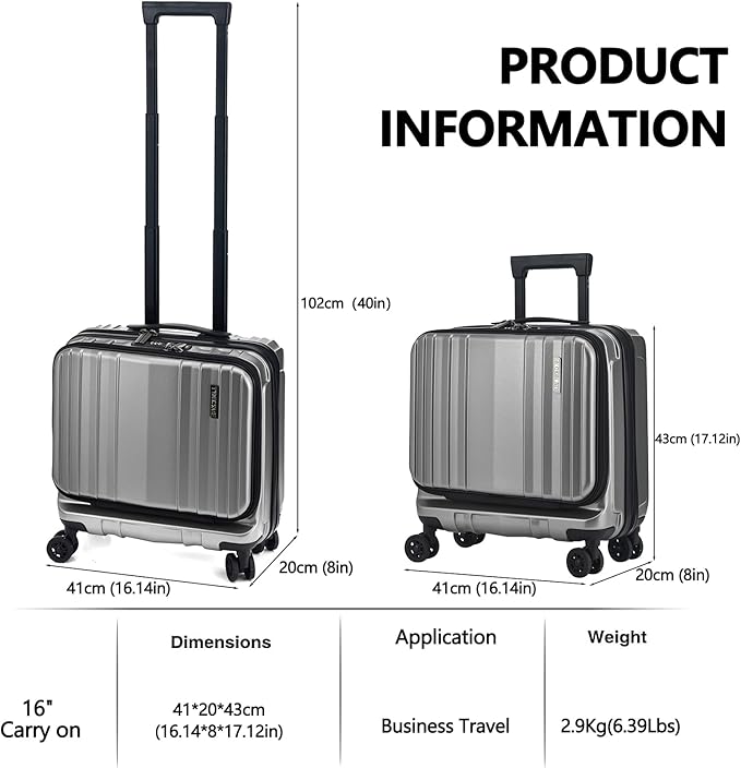 TydeCkare 16" Carry on Luggage with 2 Laptop Compartments, Lightweight Hardshell ABS+PC Suitcase with Dual Control TSA Lock, with YKK Zipper, 4 Spinner Silent Wheels, for Business Travel, Silver Grey