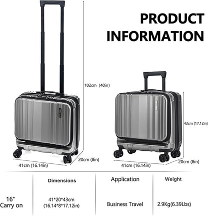 TydeCkare 16" Carry on Luggage with 2 Laptop Compartments, Lightweight Hardshell ABS+PC Suitcase with Dual Control TSA Lock, with YKK Zipper, 4 Spinner Silent Wheels, for Business Travel, Silver Grey